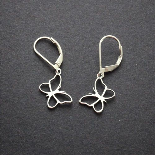 Sterling silver butterfly lever-back earrings on dark background