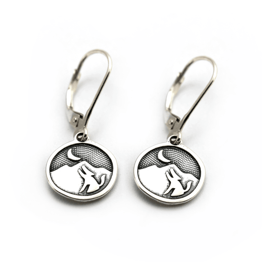 Coyote howling at the moon earrings in sterling silver