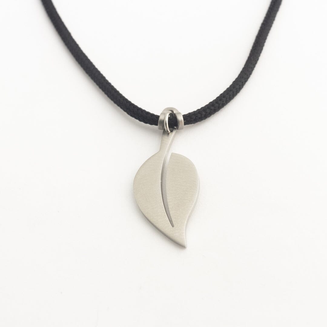 Stainless steel leaf pendant on black paracord