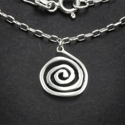 Full view of the sterling silver spiral charm necklace and 18-inch chain