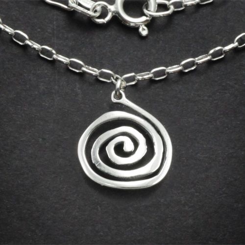 Full view of the sterling silver spiral charm necklace and 18-inch chain