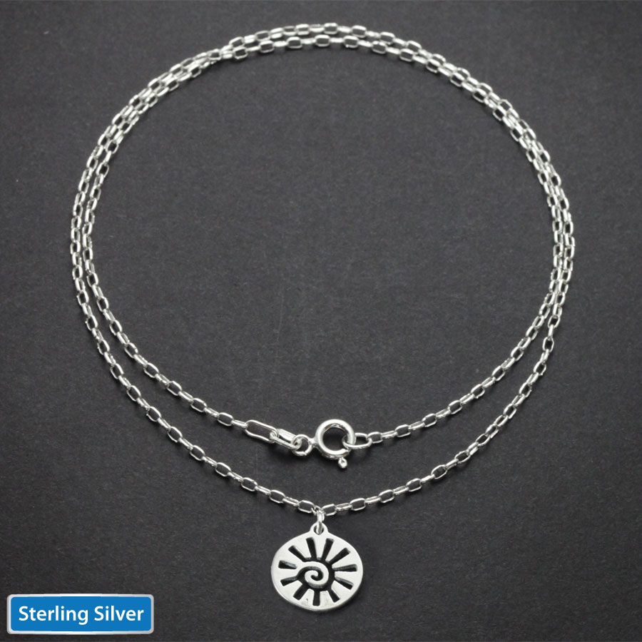 Sterling silver sun charm necklace with spiral center and 18-inch chain