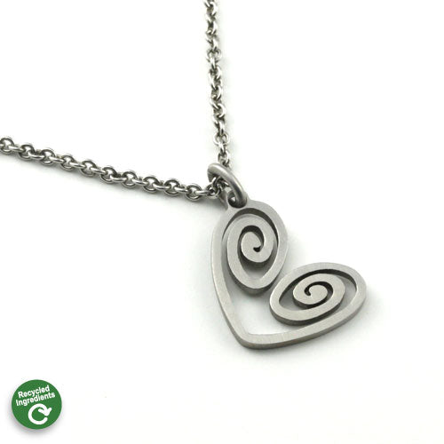 Stainless steel heart pendant with a double swirl design on a chain
