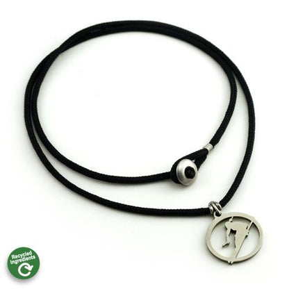 Skier Gal pendant made from recycled 316L stainless steel on a 26-inch black cord