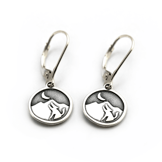 Coyote howling at the moon earrings in sterling silver