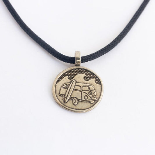 White bronze van life pendant on black paracord