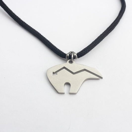 Stainless steel zuni bear pendant on black paracord